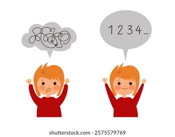 Child learns numbers. Dyscalculia and mental arithmetic concept. Learning, curiosity, and the challenges of math for young kids. Vector flat cartoon illustration for educational materials.