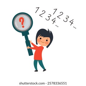 Child learns numbers. Dyscalculia and mental arithmetic concept. Learning, curiosity, and the challenges of math for young kids. Vector flat cartoon illustration for educational materials.