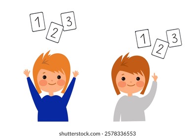 Child learns numbers. Dyscalculia and mental arithmetic concept. Learning, curiosity, and the challenges of math for young kids. Vector flat cartoon illustration for educational materials.