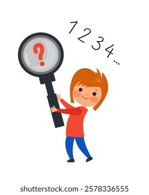 Child learns numbers. Dyscalculia and mental arithmetic concept. Learning, curiosity, and the challenges of math for young kids. Vector flat cartoon illustration for educational materials.