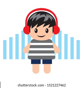 Child lego using headphones, listening to music, flat boy design vector illustration