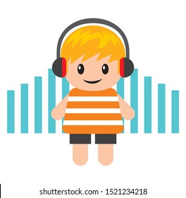 Child lego using headphones, listening to music vol.2, flat boy design vector illustration