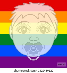 A child from the LGBT family. Head of the kid against the background of the colors of the rainbow flag. Vector illustration