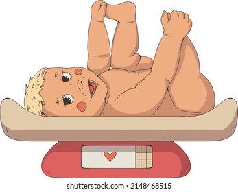 The child lies on the scales for weighing babies.