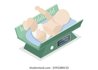 Child lies on the scales for weighing babies. Newborn baby on digital scales. Vector flat isometric Illustration.