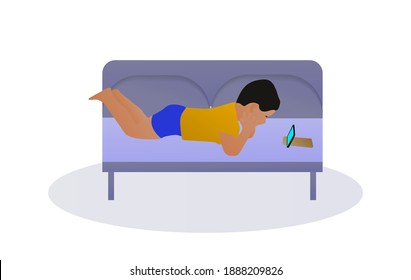 The child lies on a sofa and looks at the phone.Baby looking at the smartphone. Boy can not asleep. Flat style. Stock vector illustration on white isolated background.	

