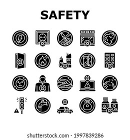 Child Life Safety Collection Icons Set Vector. Poison And Chemical Liquid Prohibition Mark, Opened Window And Door, Child Life Safety Glyph Pictograms Black Illustrations