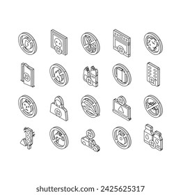 Child Life Safety Collection isometric icons set. Poison And Chemical Liquid Prohibition Mark, Opened Window And Door, Child Life Safety Concept Linear Pictograms. Contour Color .
