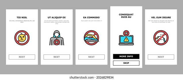 Child Life Safety Onboarding Mobile App Page Screen Vector. Poison And Chemical Liquid Prohibition Mark, Opened Window And Door, Child Life Safety Illustrations