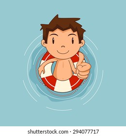 Child with lifebuoy floating on water, vector illustration