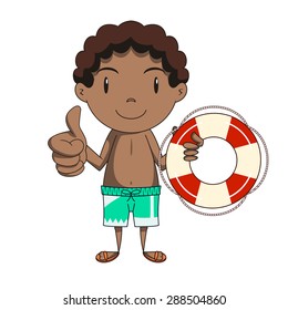 Child and lifebuoy, vector illustration