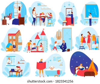Child lifestyle daily routine vector illustration set. Cartoon flat every day life scenes with girl or boy school children and parents in morning, evening and night home activity isolated on white