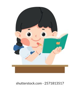 child lifts a book to write