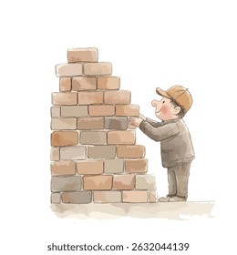 A child in a light brown cap and jacket is depicted in profile, engaged in building a wall of beige bricks. The bricks are stacked in a staggered pattern, creating a growing wall.