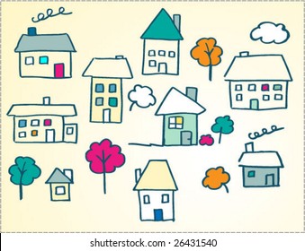 child like doodle houses illustration