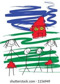 A child like drawing of a gay female pair of women with two children and a house.  The image is in eps vector format.