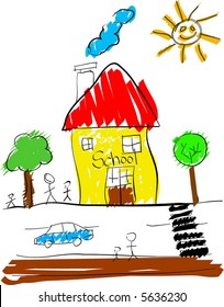 child like drawing with kid school and sun
