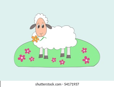 Child like drawing of little sweet sheep, eating flower, vector