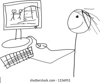 A child like drawing of a stick man playing a video game on the computer.  The image is a vector eps file.