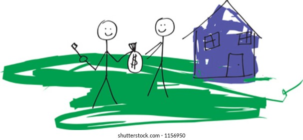 A child like drawing in vector format of a stick man selling a house to another.  Would also work for renting concept.