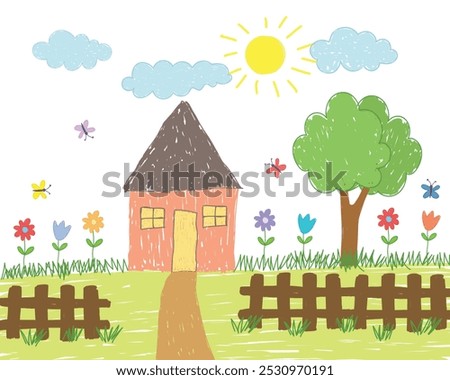 Child like hand drawing art with house and garden view
