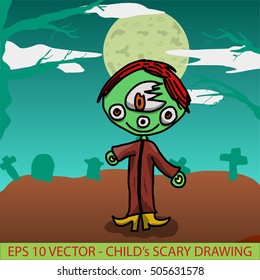 A child like scary drawing of a monster in a graveyard. Cute style of original hand drawn computer illustration.