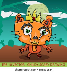 A child like scary drawing of a monster in a graveyard. Cute style of original hand drawn computer illustration.