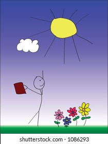 A child like sketch portraying a stick business man on a  warm summer day, and freedom