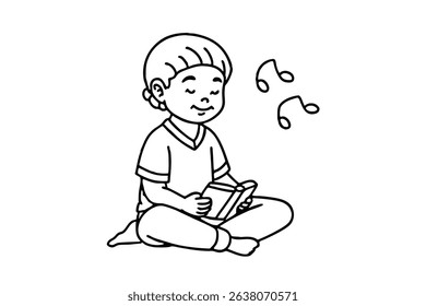 Child line drawing reading book listening music notes