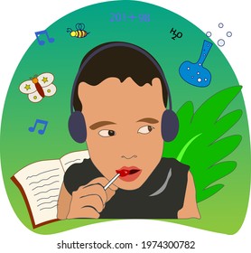 child listen to music and books learning science nature maths using headphone enjoy eating red lollipop on green shades gradient background