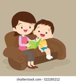 Child listening his mother read a storytelling book.Mother And Child Reading A Book Together Illustration.family home.