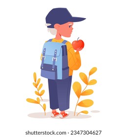 Child, little boy, schoolboy with backpack, holding apple in his hand. Lunch time, afternoon snack, break time at school. Colorful flat vector illustration with cute child  character.