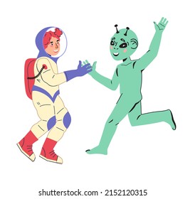 Child little explorer, young cosmonaut meeting friendly alien, vector cartoon flat illustration isolated on background. Space explore and fantasy adventure concept for kids educational events.