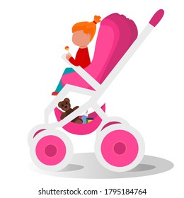 Child. Little girl in a stroller. Graphic vector drawing in cartoon style. Can be used for collages of childrens illustrations, web design.
