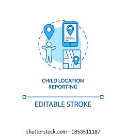 Child location reporting concept icon. Parental control element idea thin line illustration. Digital safety app. Keep connection with family. Vector isolated outline RGB color drawing. Editable stroke