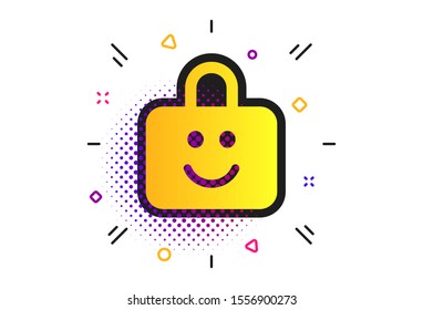Child lock icon. Halftone dots pattern. Locker with smile symbol. Child protection. Classic flat child lock icon. Vector