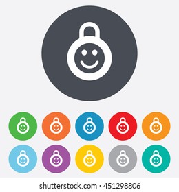 Child lock icon. Locker with smile symbol. Child protection. Round colourful 11 buttons. Vector