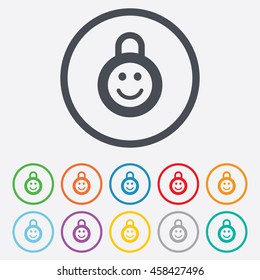 Child lock icon. Locker with smile symbol. Child protection. Round circle buttons with frame. Vector