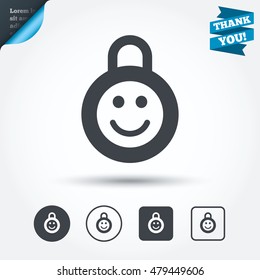 Child lock icon. Locker with smile symbol. Child protection. Circle and square buttons. Flat design set. Thank you ribbon. Vector