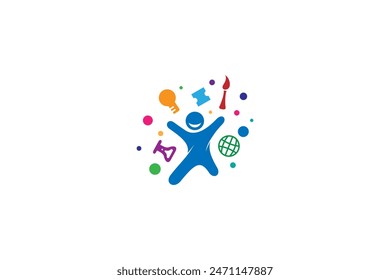 child logo with his favorite icon in colorful flat vector design style