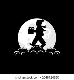 child logo illustration bringing christmas gifts on the moon vector