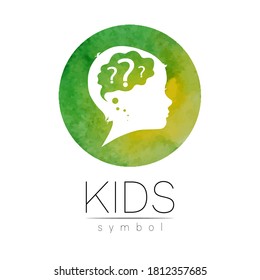 Child logotype with brain and question in green watercolor brush circle vector. Silhouette profile human head. Concept logo for people, children, autism, kids, clinic, education. Template design