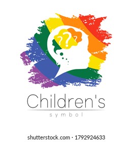 Logotipo infantil con cerebro y pregunta en vector de pincel arco iris. Perfil de silueta cabeza humana. Logo del concepto para personas, niños, autismo, niños, terapia, clínica, educación. Diseño de símbolos de plantilla