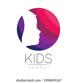 Child logotype in few violet circle colors, vector. Silhouette profile human head. Concept logo for people, children, autism, kids, therapy, clinic, education. Template symbol, modern design on white