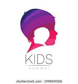 Child logotype in few violet colors, vector. Silhouette profile human head. Concept logo for people, children, autism, kids, therapy, clinic education. Template symbol, modern design isolated on white