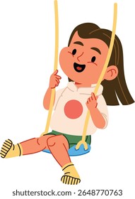 A child with long hair happily swings on a blue seat, wearing a hoodie and striped socks. The young girl smiles broadly while holding the ropes tightly. Cartoon vector illustration.
