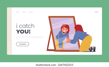 Child Look in Mirror Landing Page Template. Little Girl Scrutinize Examining her Reflection Located In Front Mirror Standing on Floor, Revealing Feelings Of Self-awareness. Cartoon Vector Illustration