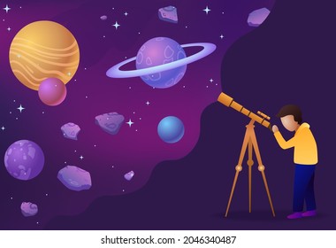 Child look in telescope. Boy watches stars, planets, asteroids and other bodies in outer space. Character fond of astronomy. Cartoon modern gradient vector illustration isolated on white background