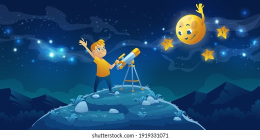 Child look in telescope, curious little boy waving hand to friendly moon and stars on dark night sky with milky way. Astronomy science, space observation hobby or studying, Cartoon vector illustration