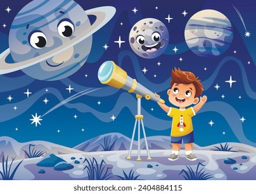 La mirada del niño en el telescopio. Curioso niño pequeño explorando el cielo estrellado nocturno o la galaxia y saludando al planeta amigo. Estudiando Astronomía. El niño observa el espacio y el universo. Dibujo vectorial plano de dibujos animados